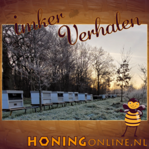Een rij bijenkasten met bijen die overwinteren op hun eigen honing zoals beschreven in deze blog met imker verhalen.