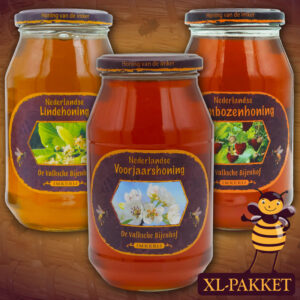 Voordeelpakket Nederlandse honing van de imker kopen in potten met bijna een kilo honing. Dit XL pakket bestaat uit 3 soorten rauwe honing van de beste kwaliteit tegen de laagste prijs.