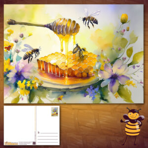 Ansichtkaart met een prachtig stilleven schilderij met raathoning en bijen. Dit aquarel with honeycomb and sweet honey flowers is een prachtige wenskaart!