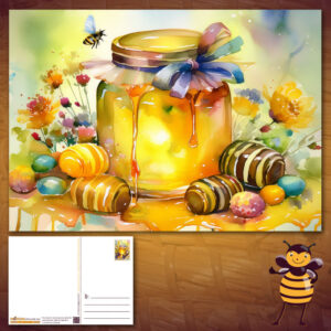 Deze ansichtkaart met een honingpot met snoepjes en luxe bonbons in wikkel kan je perfect gebruiken als wenskaart om iemand beterschap te wensen.