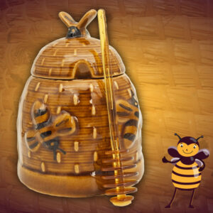 Aardewerk honingpot voor het serveren van honing op tafel. Deze bruine keramische honingpot met honingdraaier kan je hier online bestellen.