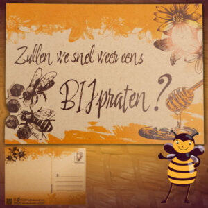 Als je een originele wenskaart zoekt is deze kaart met bijenthema heel erg leuk. Leuke woordspeling BIJ-praten maakt het bijen en honingthema helemaal compleet.
