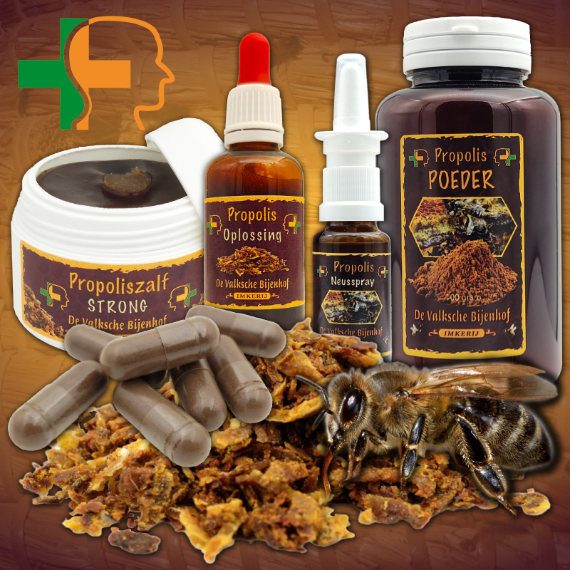Propolis kopen bij de imker - Op deze foto zie je verschillende propolisproducten zoals propoliszalf en propolistinctuur die je in de webshop online kunt bestellen.
