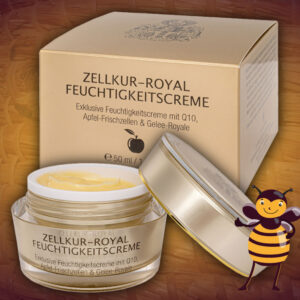 Zelkur Royal Gezichtscreme Met Royal Jelly En Appelstamcellen Q10 Kopen. Deze dag- en nachtcrème met Royal Jelly en natuurlijke ingrediënten zit in een prachtige goudkleurige pot.